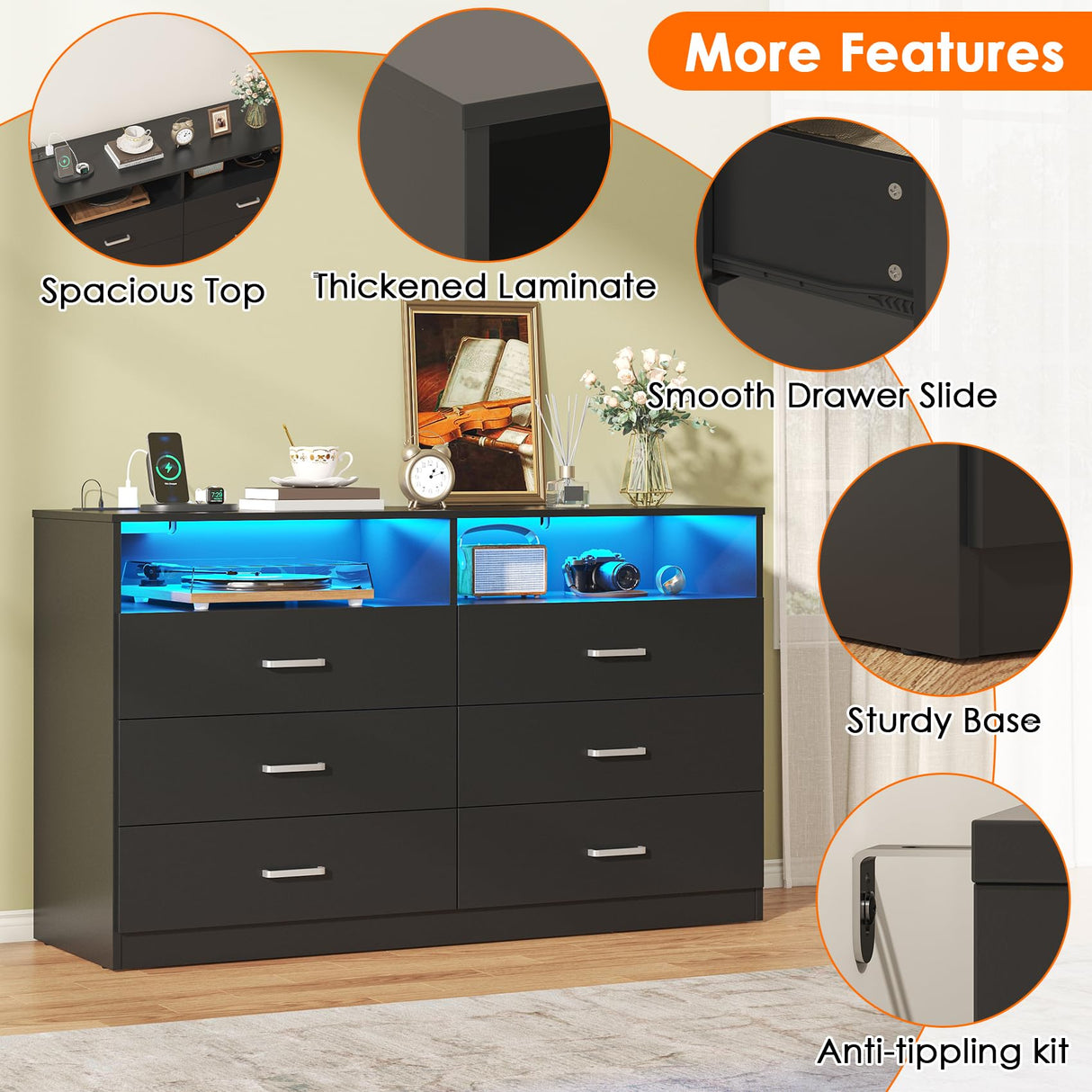 Bigbiglife Dresser for Bedroom, 6 Drawer Dresser with Charging Station and Led Light, Modern Chest of Drawers for Bedroom, Living Room,Black Bigbiglife