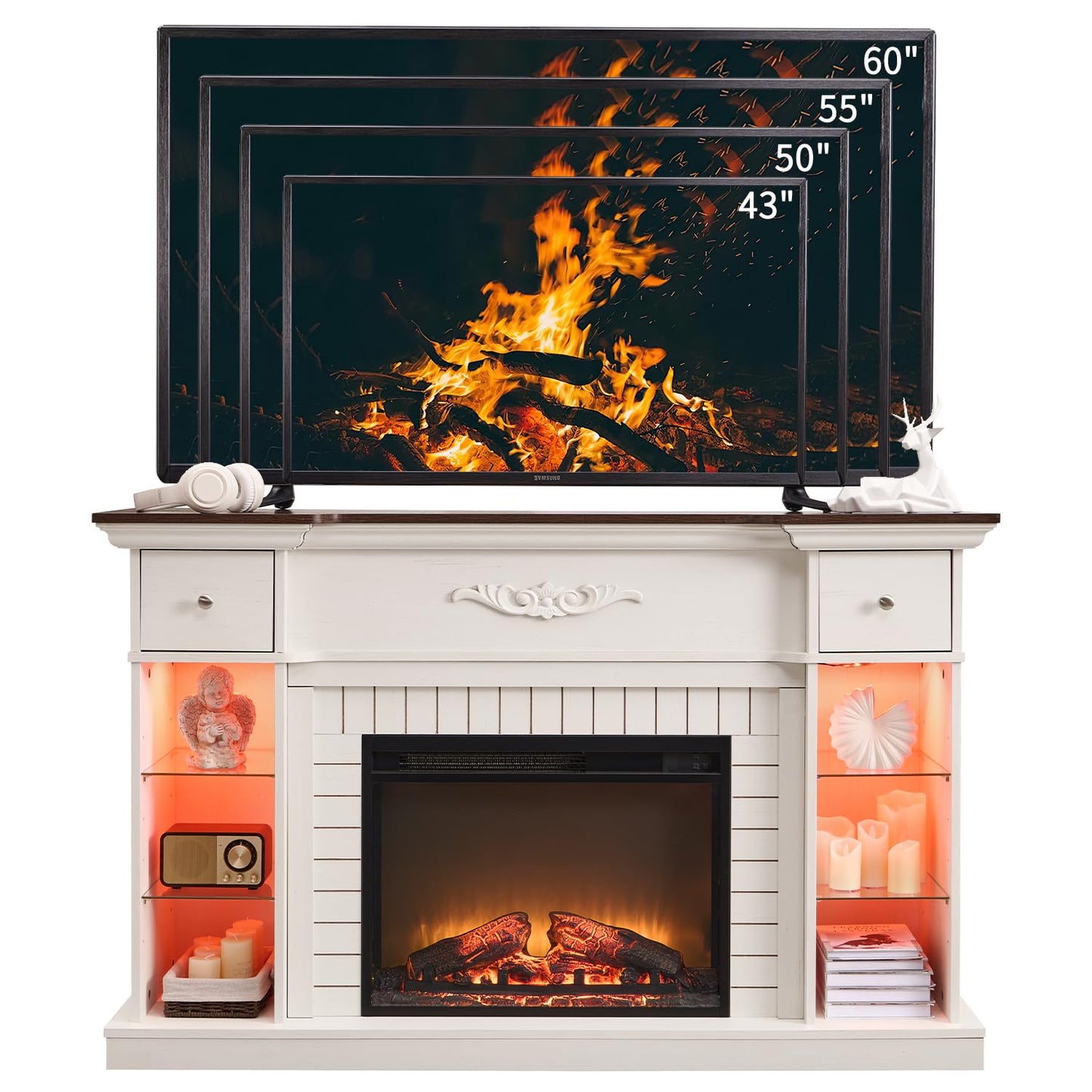 IFBUY 54" Farmhouse Electric Fireplace with Mantel, 33" Tall LED Fireplace TV Stand w/7 Lighting Colors, 23'' Freestanding Electric Fireplace Heater, Open Adjustable Shelves & Drawers, White