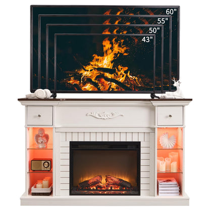 IFBUY 54" Farmhouse Electric Fireplace TV Stand for 60 Inch TV, 33" Tall LED Entertainment Center w/7 Color, Open Adjustable Shelves & Drawers, 23'' Fireplace Insert Heater for Living Room, White