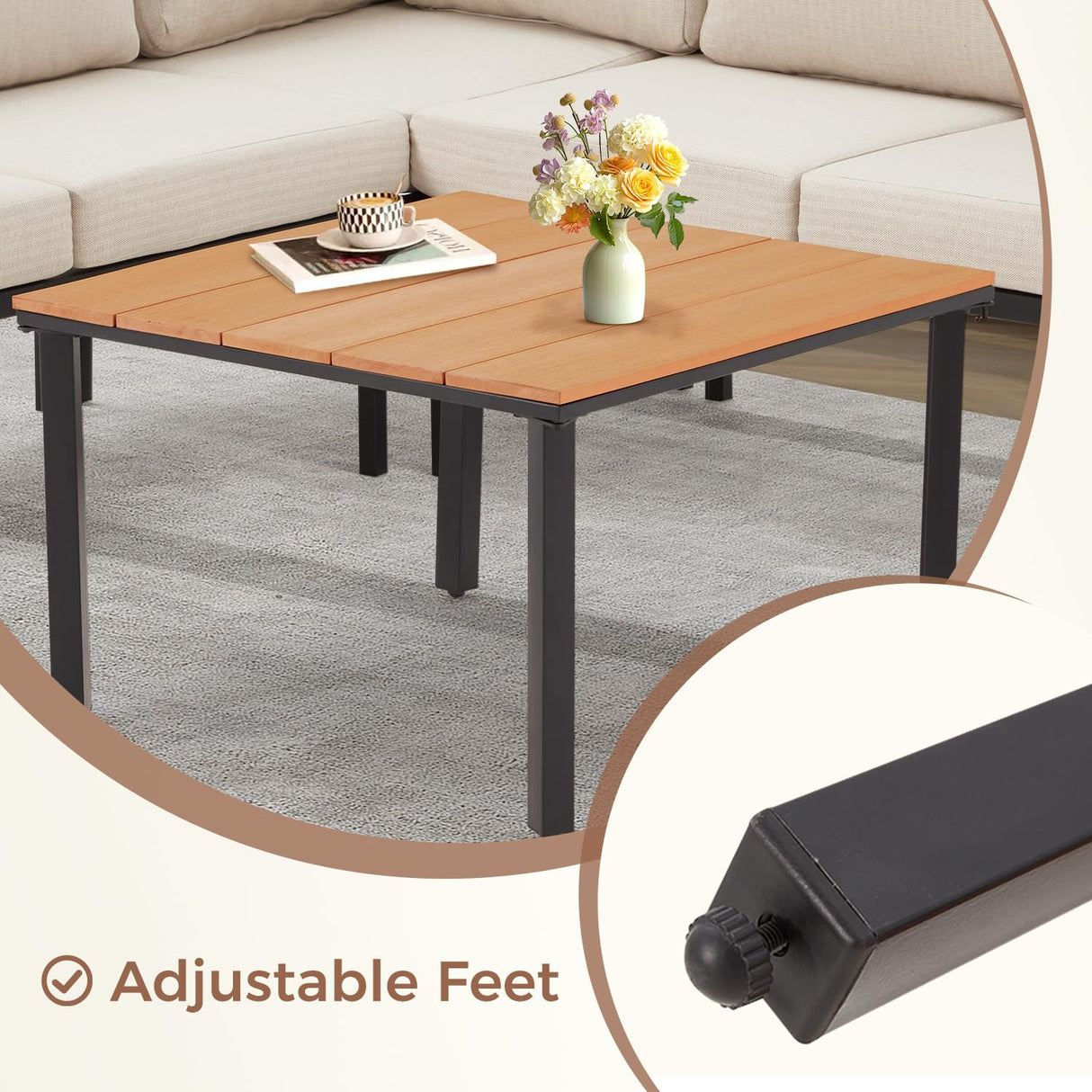 EROMMY 6 Pieces Patio Furniture Sets, Metal Outdoor Sectional Furniture L Shape Patio Conversation Sets with Fauxwood Coffee Table & 6.5" Olefin Cushions for Backyard, Garden, Poolside EROMMY