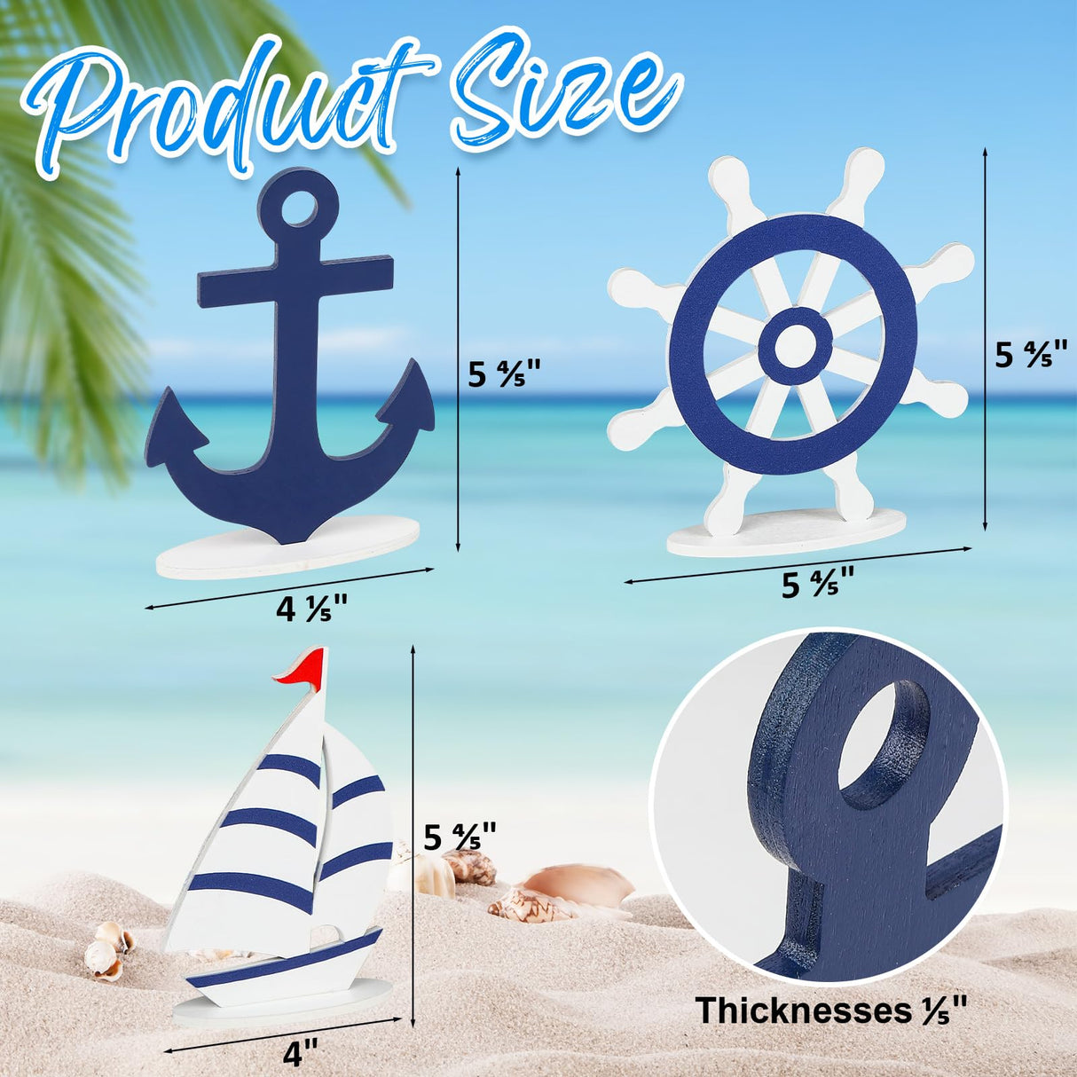 COCHIE Wooden Summer Nautical Decor Set of 3, Double-Sided Anchor Sailboat Tiered Tray Decorations, Wood Cruise Ship Wheel Sign for Tabletop, Home, Desk, Shelf, Party Decoration COCHIE