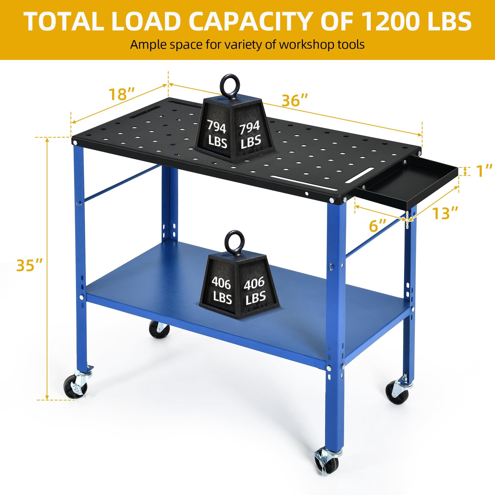 DWVO Portable Welding Table with Wheels, 36" x 18" Rolling Welding Table Top with 5/8" Fixture Holes & Storage Tray, 1200lb Load Capacity Metal Welding Bench, Extra Middle Shelf for Convenien - WoodArtSupply