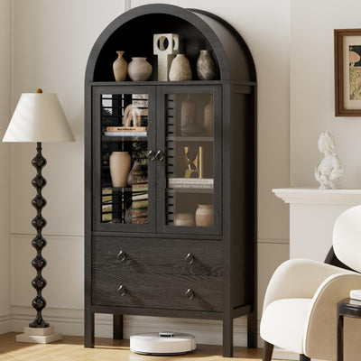 71'' Tall Arched Cabinet - Wood Kitchen Pantry, Farmhouse Arch Display Bookcase Hutch with 2 Large Drawers & Adjustable Shelves, Versatile Storage Furniture for Living Room Dining Room Bathroom, Black