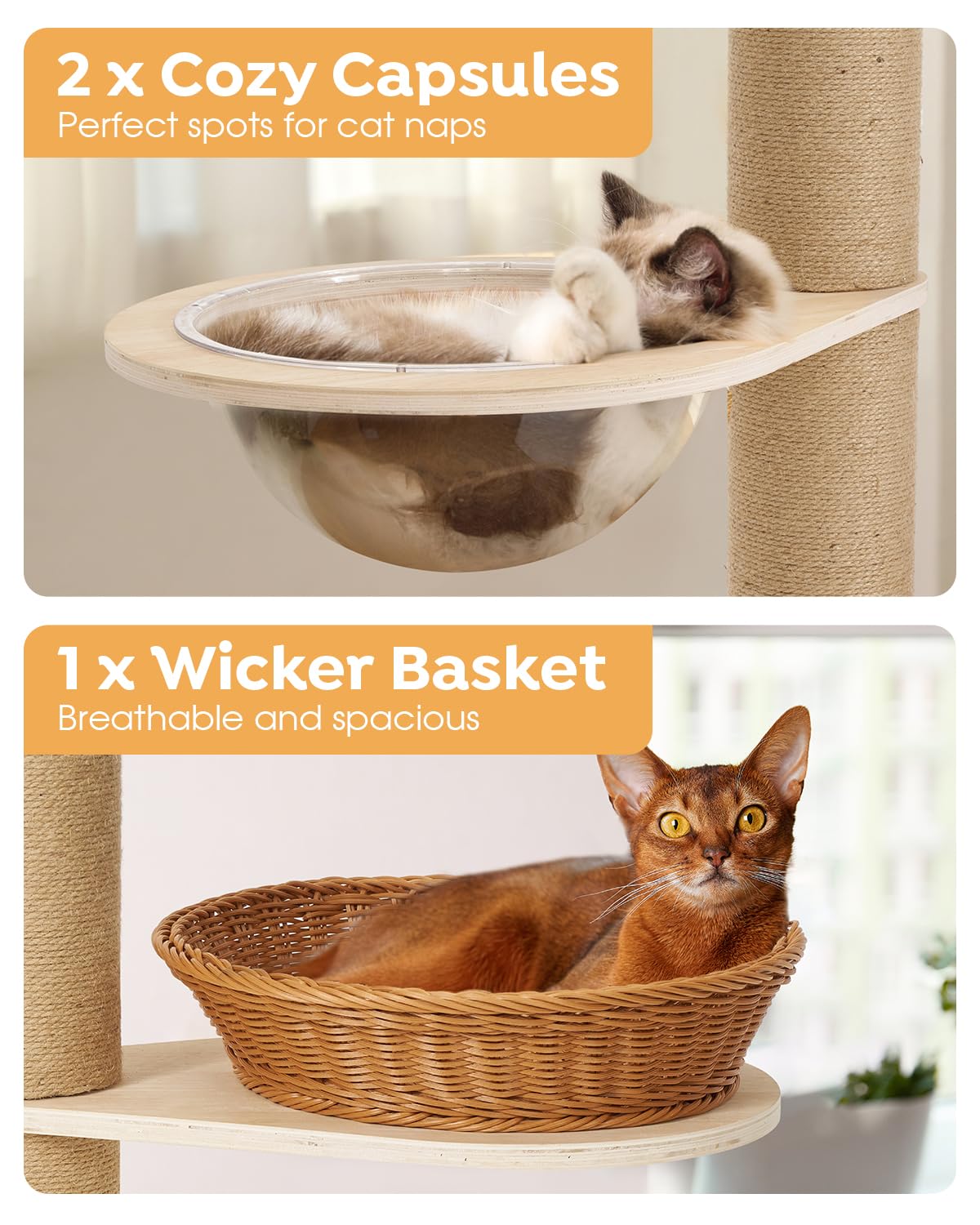 Veehoo Cat Tree Floor to Ceiling-Cat Tower Ajustable Height(106-123 Inches)-Tall Cat Tree with 4.3" Thickened Post, Large Cat Tree Tower for Indoor Cats Veehoo