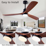 QUTWOB 48" Wood Ceiling Fan with Light and Remote Control, Indoor Outdoor Wooden 3 Blades Ceiling Fan for Patio Living Room, Bedroom, Office,Reversible DC Motor(Black+Dark Walnut) QUTWOB