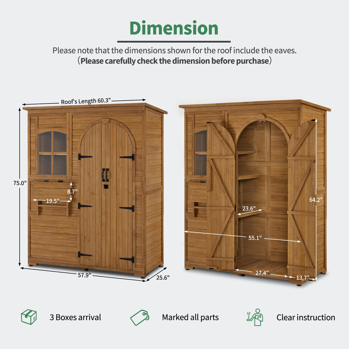 MCombo Outdoor Storage Cabinet, Outside Wooden Storage Cabinet with Waterproof Asphalt Roof and 3 Shelves, Tall Tool Shed with 1 Foldable Table for Yard, Garden, Patio, Lawn 1815 MCombo