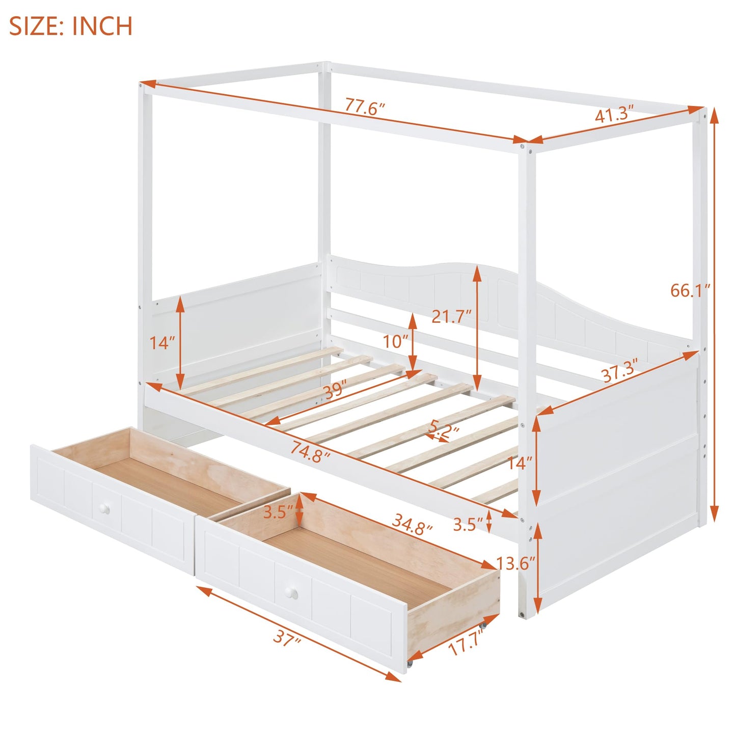 Bellemave Twin Size Canopy Daybed with 2 Drawer,Wood Canopy Bed Frame,4 Poster Bed for Kids,Teens, Adults,Space Saving,White