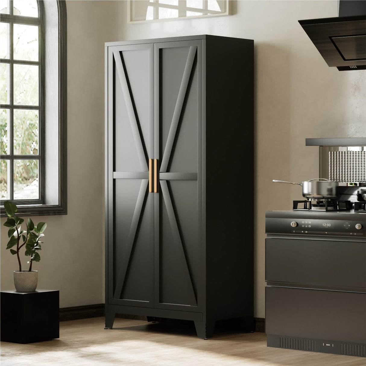 Bevivog 71" Kitchen Pantry Cabinet, Metal Storage Cabinet with 2 Doors and 4 Adjustable Shelves, Farmhouse Tall Metal Pantries Cabinets Storage for Kitchen, Home Office, Living Room, Dining Room Bevivog