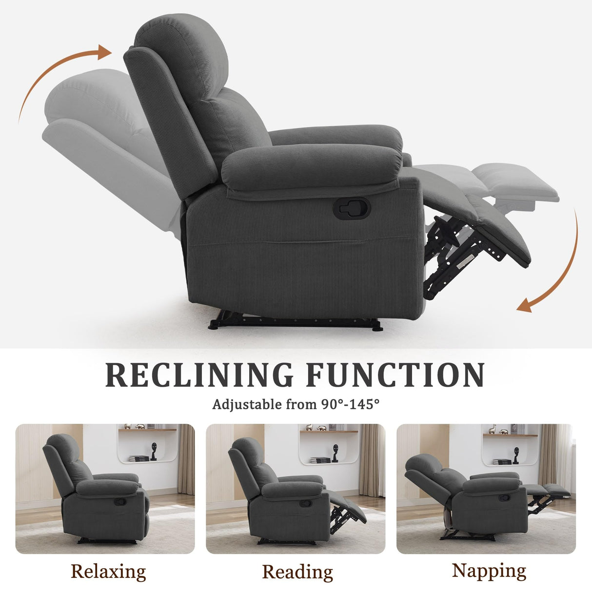 Korser Recliner Chair, Manual Recliner for Adults with Side Pocket, Small Recliners for Small Spaces, Adjustable Comfy Overstuffed Corduroy Reclining Chairs for Living Room, Reading, Bedroom, Grey Korser