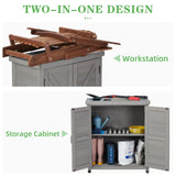 Outdoor Potting Bench with Storage Cabinet and Metal Top, Wood Workstation for Outdoor Patio, Garden Wood-Natrl