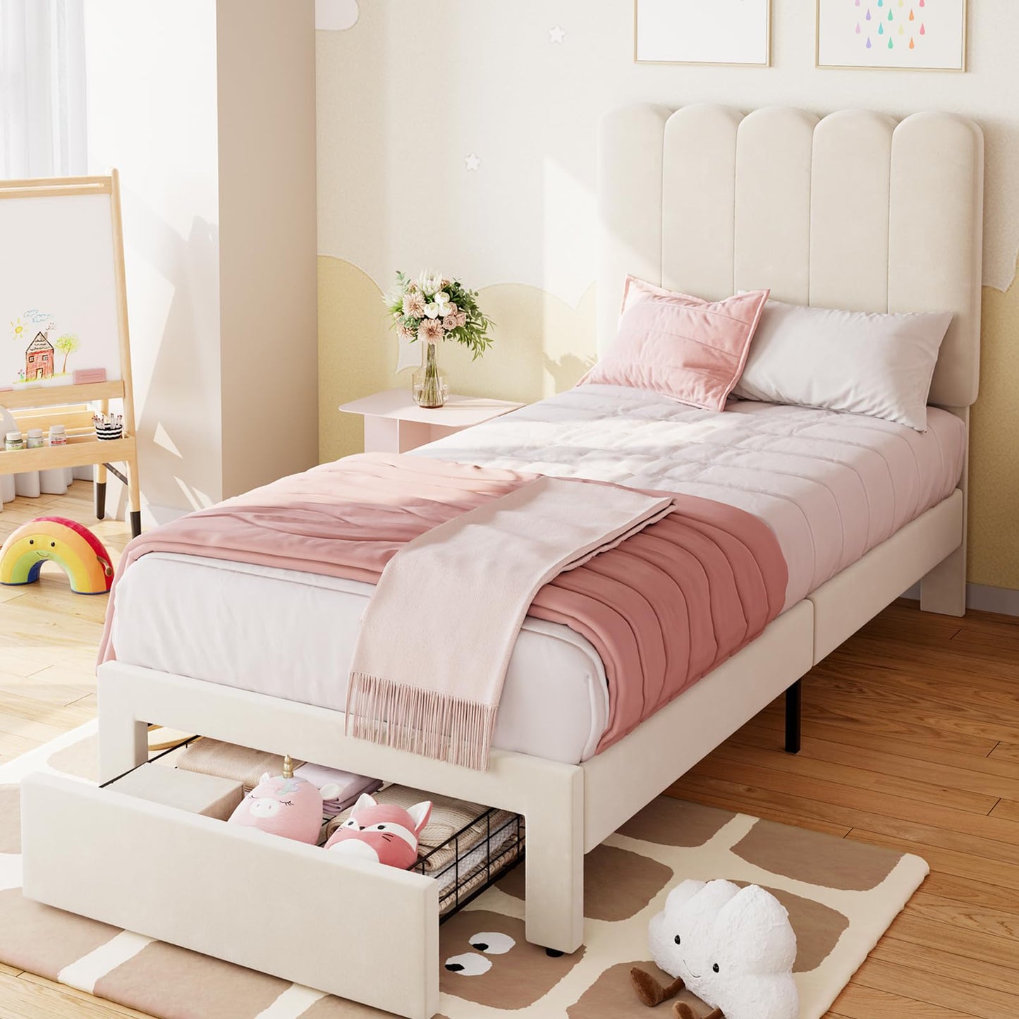 IDEALHOUSE Twin Bed Frame with Storage Drawer and Headboard, Velvet Upholstered Twin Platform Bed Frame for Girls, Strong Wooden Slats Support, Noise-Free, Easy Assembly (Beige)