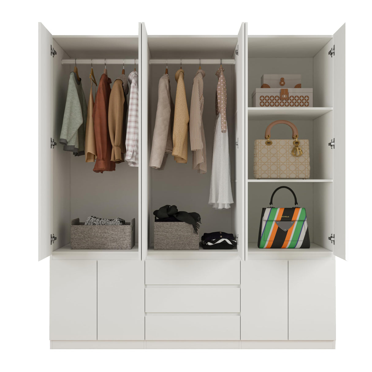 Bobve 6-Doors Armoire Wardrobe Closet, Wooden Wardrobe Closet with 3 Drawers, Armoire and Wardrobe with Shelves & Hanging Rod for Bedroom, White (70.9" W x 23.62" D x 78.74" H) Bobve