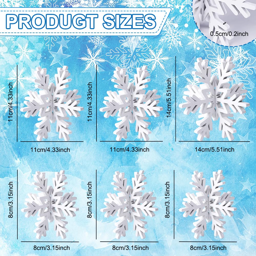 Vellibring 6 Set Christmas Wooden Snowflake Decoration Whit Winter 3D Snowflake Centerpiece Xmas Snowflake Signs for Tabletop Decor Photo Props Home Xmas Party Supplies