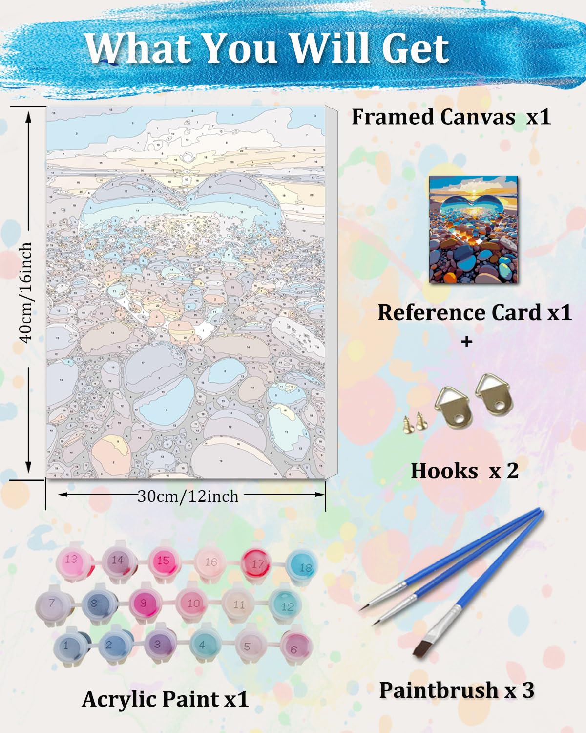 TOCARE Framed Paint by Numbers Kit for Adults, 12x16Inch Crystal Heart Beach Paint by Numbers Kit for Adults Framed,Beach Paint by Number Framed Canvas Nature (Without Easel) TOCARE