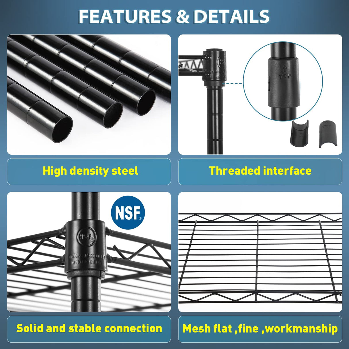 Adjustable NSF-Certified Metal Shelf Wire Shelving Unit Storage for Small Places Restaurant Garage Pantry Kitchen Garage Rack (Black, 16.7L×11.8W×47.6H) BestOffice