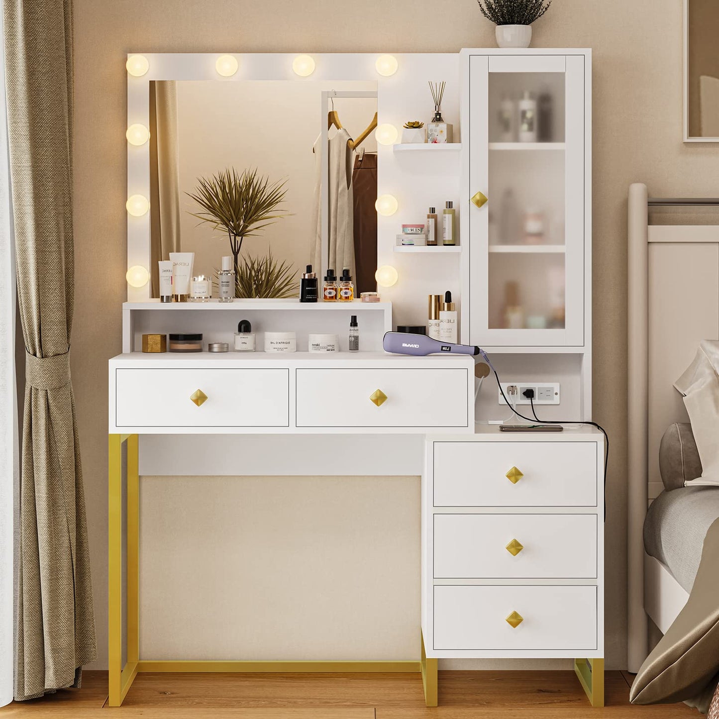 Tiptiper Makeup Vanity with Lights & Charging Station, Large Vanity Desk with Mirror and Lights, Makeup Table with 5 Drawers & Shelves, White and Gold - WoodArtSupply