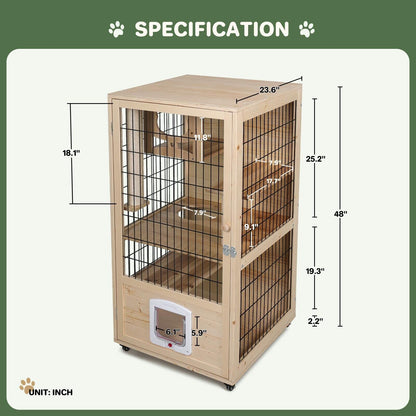 PANTAZO Wooden Cat House Large Space Cat Cage with Scratching Post and Lockable Wheels Double Layer Cat House with Escape Door Outdoor/Indoor (Medium) - WoodArtSupply