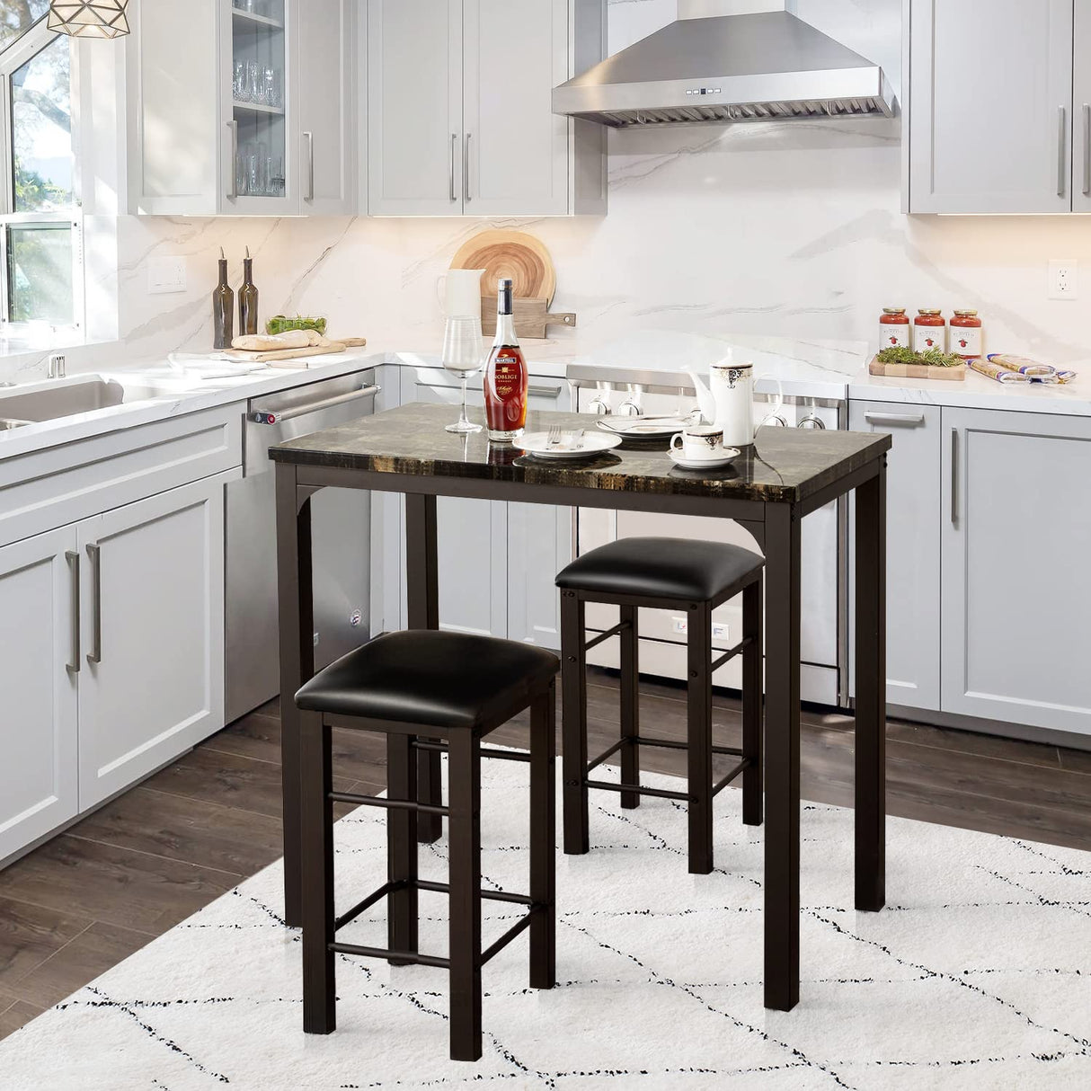 VECELO 3-Piece Bar Table and Chairs Set, 36" Rectangular Counter Height Dining Sets for Kitchen Bistro Restaurant Small Space Breakfast Nook, Brown and Black VECELO