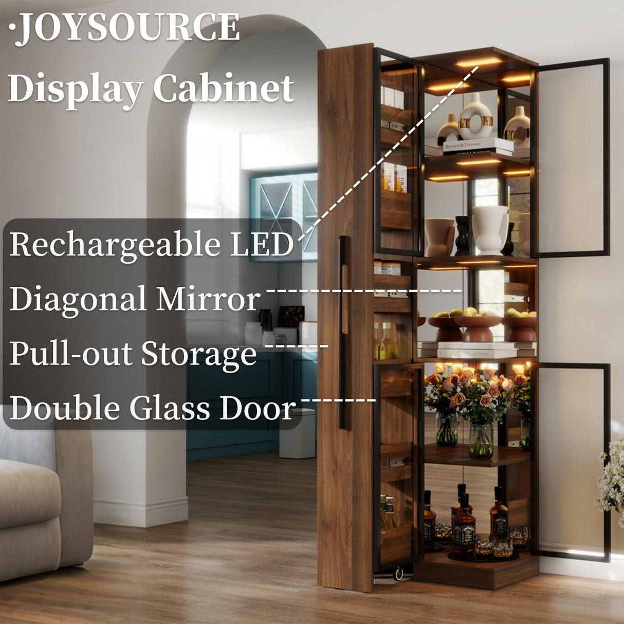 Display Cabinet with Double Glass Door, Diagonal Mirror, 6-Tier Pull-Out Shelf & Cordless Rechargeable LED 70'' Tall Lighted Display Cabinet for Curio, Collectibles with Storage Wood Finish Brown JOYSOURCE