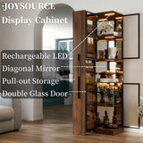Display Cabinet with Double Glass Door, Diagonal Mirror, 6-Tier Pull-Out Shelf & Cordless Rechargeable LED 70'' Tall Lighted Display Cabinet for Curio, Collectibles with Storage Wood Finish Brown JOYSOURCE