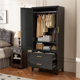 Black Metal Wardrobe Cabinet for Bedroom, 71" Freestanding Closet System with Drawers and Shelves, Hanging Rod Clothing Organizer with Two Doors, Farmhouse Steel Wardrobe Bedroom Armoires Bevivog