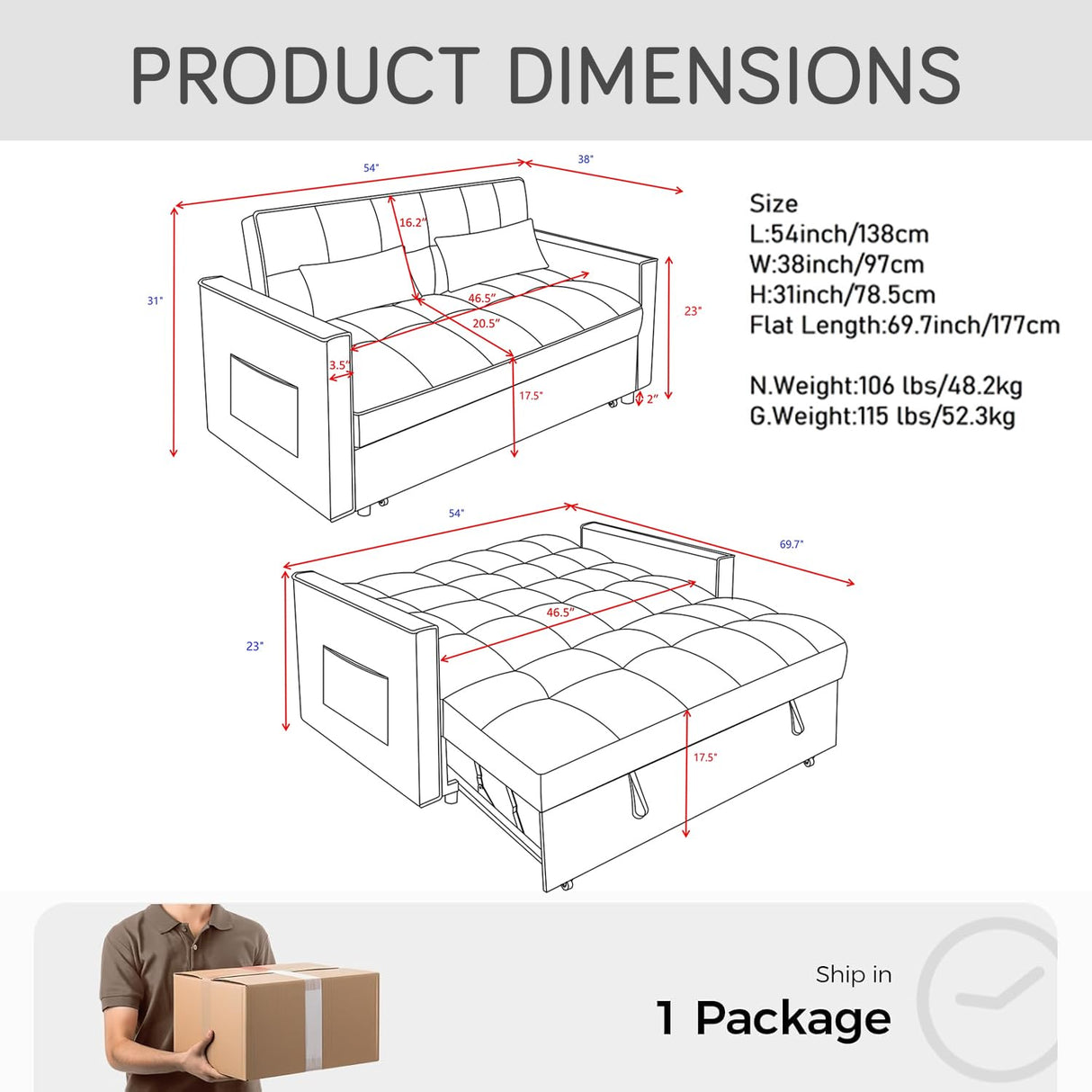 3 In 1 Velvet Convertible Sofa Bed, Pull Out Couch Bed with Reclining Backrest And 2 Pillows, 54" Full Size Loveseat Sleeper Sofa Futon Couch Bed, Couches For Small Spaces, Living Room (Black) Xinmviec