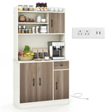 Giantex 71" Buffet Hutch Cabinet with Power Outlet, Kitchen Hutch Sideboard, Buffet Pantry on Island, Wood Kitchenware Server with Drawer, Shelf and Storage Cabinet (White & Walnut) Giantex