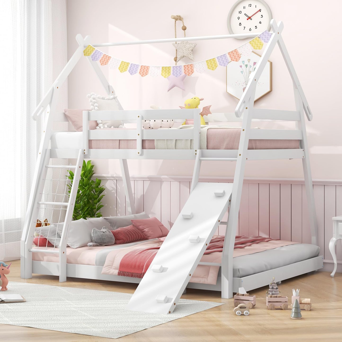 Costzon House-Shaped Twin Over Queen Bunk Bed with Climbing Nets and Ramp - White Wooden Kids Bed - WoodArtSupply