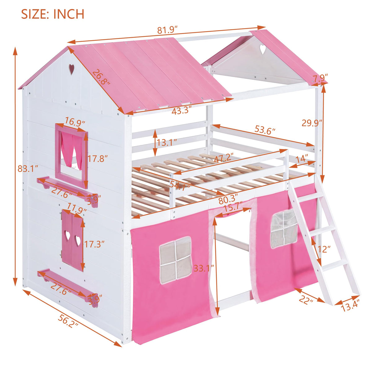 Harper & Bright Designs Full Over Full Bunk Bed, Wood Full Size House Bed with Elegant Windows, Sills and Tent, Pink+White Harper & Bright Designs