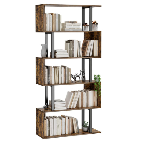 Gadroad 5-Tier Geometric Bookcase,S Shaped Bookshelf, Wood Decorative Storage Shelving, Modern Freestanding Display Shelves, Tall Book Shelf Unit for Living Room Bedroom, Rustic Brown Gadroad