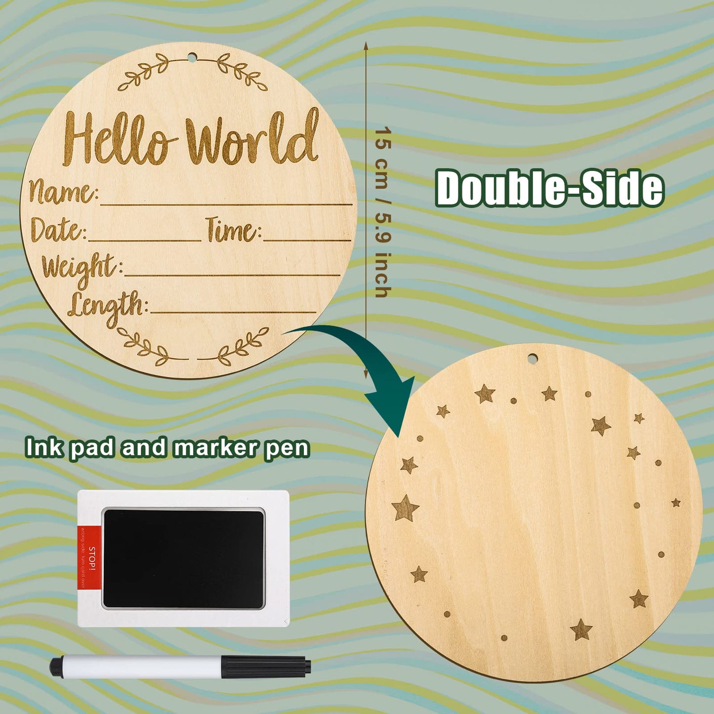 Baby Announcement Sign, 5.9 Inch Round Baby Nursery Name Signs with Ink Pad for Baby Hand and Footprints Wooden Hello World Newborn Sign for Photo