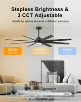 CubiCubi Ceiling Fans with Lights and Remote - 72 inch Black Large Ceiling Fan for Inoor/Outdoor Bedroom Living Room Kichen Patio, 3 Downrods, Dimmable, Super Quiet, 6 Speeds, Dual Finish 8 Blades CubiCubi