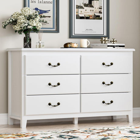 HOUROM Farmhouse 6 Drawer Dresser for Bedroom, Chest of Drawers with Antique Handles, Modern Wooden Dressers, Vintage Rustic Dresser Storage Organizer for Bedroom, White HOUROM