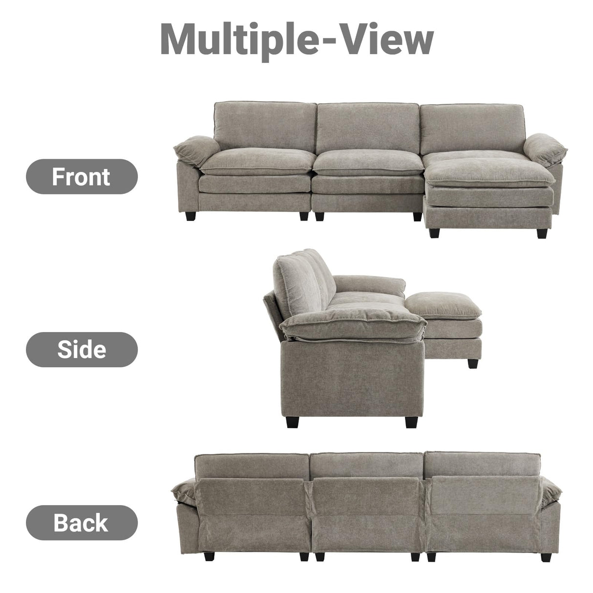 VINGLI 122" Cloud Double-Layer Deep Convertible Sectional Sofa, Comfy L-Shape 3-Seat Couches for Living Room, Modern Couch with Movable Ottoman for Small Space, Light Grey, Chenille VINGLI