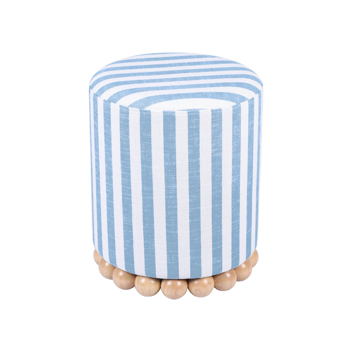 Tov Furniture Dex Pastel Blue Striped Linen Round Ottoman with Wooden Base Tov Furniture