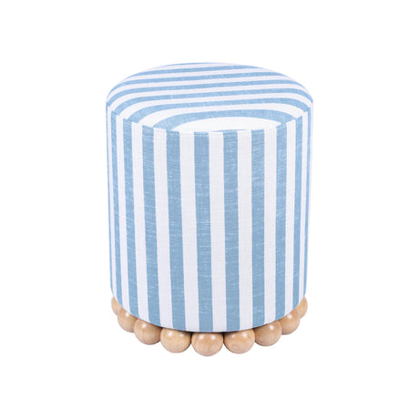 Tov Furniture Dex Pastel Blue Striped Linen Round Ottoman with Wooden Base Tov Furniture