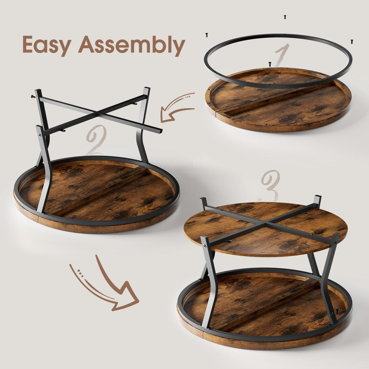 Round Coffee Tables for Living Room, Circle Wood Coffee Table, 2 Tier Industrial Modern Center Table with Thickened Tabletop and Metal Frame, 31.5 inch (Rustic Brown) AntsandAnts