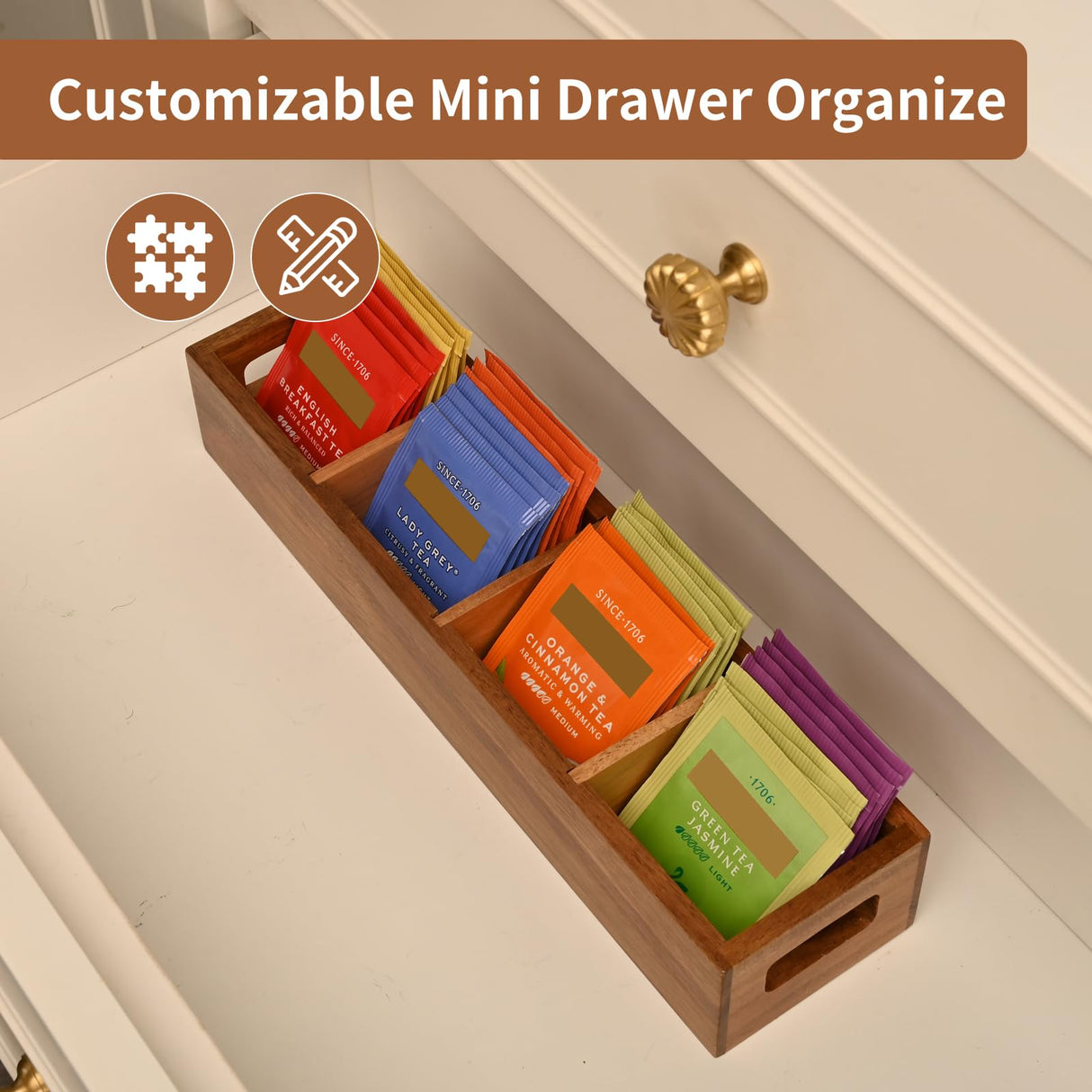 Chicvilla Acacia Wood Tea Bag Organizer with 4 Slots – Tea Bag Holder and Tea Organizer, Sugar Packet Storage for Countertops Chicvilla