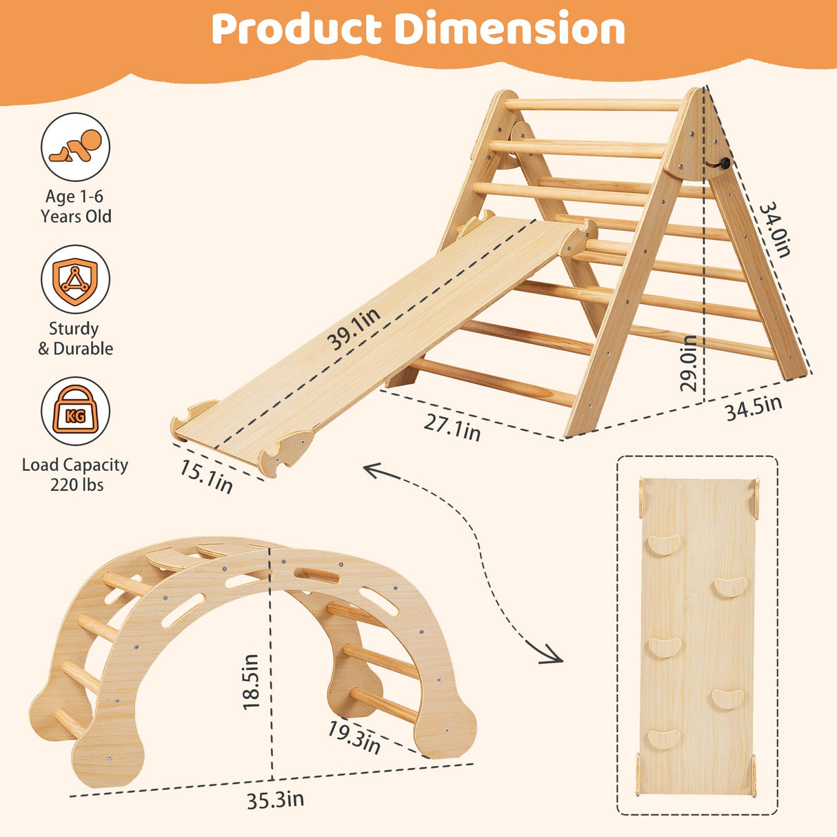 SHWWQUE Pikler Triangle Set Montessori Climbing Toys for Toddlers Pikler-3 Piece Indoor Playground 3 in 1 Foldable Baby Climbing Gym Jungle Gym for Kids Ages 1-6 Natural SHWWQUE
