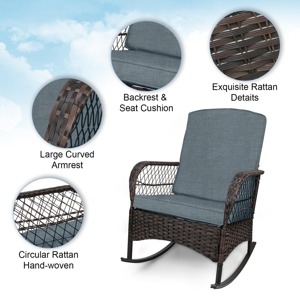 LEVELEVE 3 pcs Rocking Bistro Set Conversation Chairs PE Wicker Outdoor Rocking Chairs (Grey) LEVELEVE