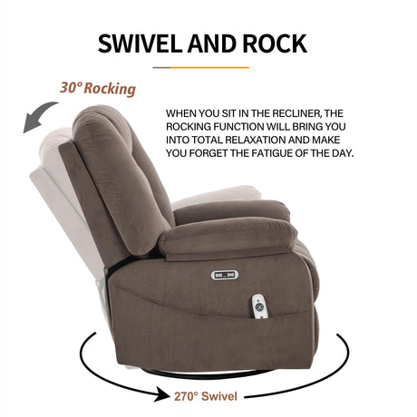 Sftaiyou Power Swivel Rocker Recliner Chair for Adults,Rocking Recliners Chairs with Massage and Heat for Living Room, Electric Fabric Reclining Sofa Chair with USB and Type-C Port (Fabric Brown) Sftaiyou