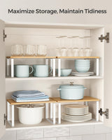 SONGMICS Cabinet Organizer Shelf, Set of 4 Kitchen Counter Shelves, Kitchen Storage, Spice Rack, Stackable, Expandable, Metal and Engineered Wood, Cloud White and Natural Beige UKCS010N01 SONGMICS