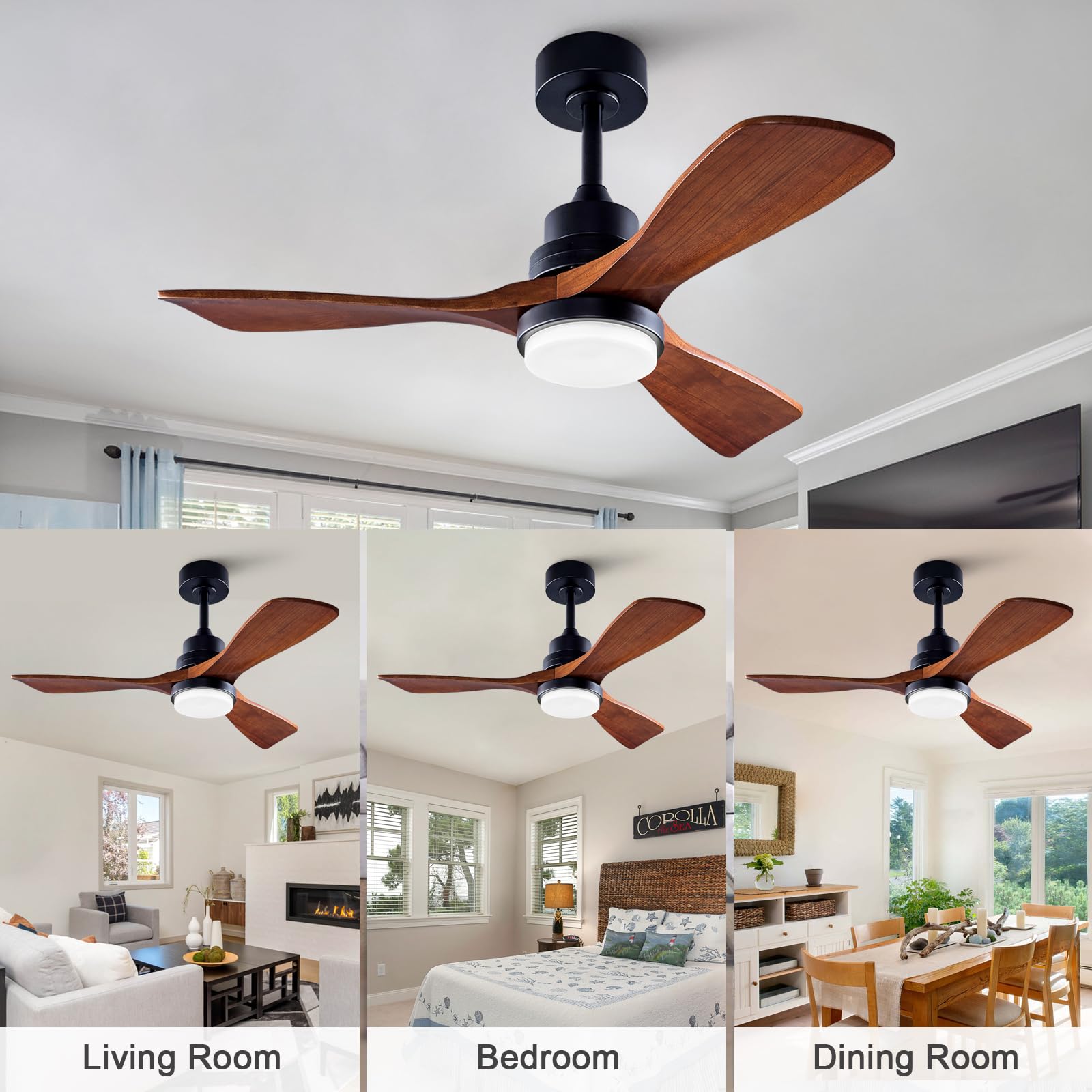 BOOMJOY 42'' Ceiling Fans with Lights and Remote Control, 6 Speed Quiet Reversible DC Motor, 3 Blades Wood Indoor Outdoor Ceiling Fan with Light for Living Room Bedroom Study Office - WoodArtSupply