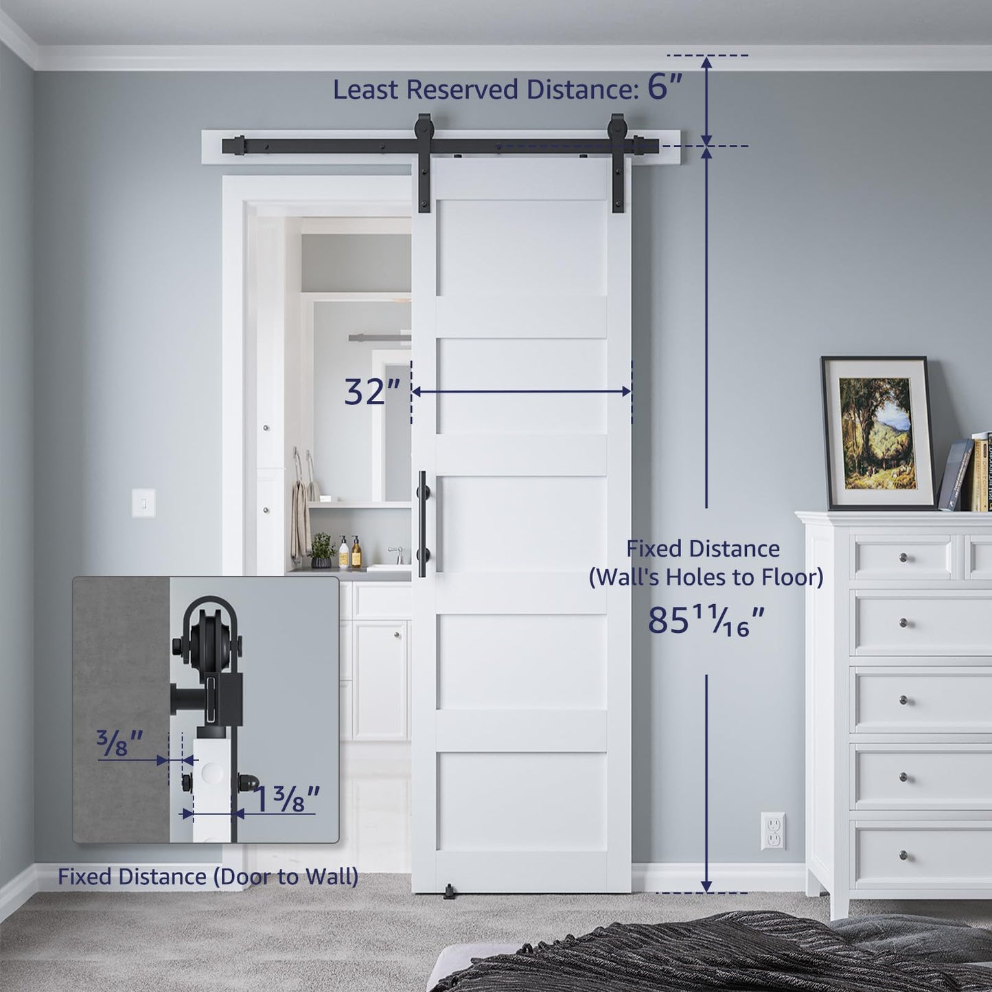 COSHOMER 32in x 84in Sliding Barn Door with 6ft Barn Door Hardware Kit & Handle, Pre-Drilled Holes Easy Assembly -Solid Barn Door Slab Covered with Water-Proof PVC Surface, White, 5 Panel - WoodArtSupply