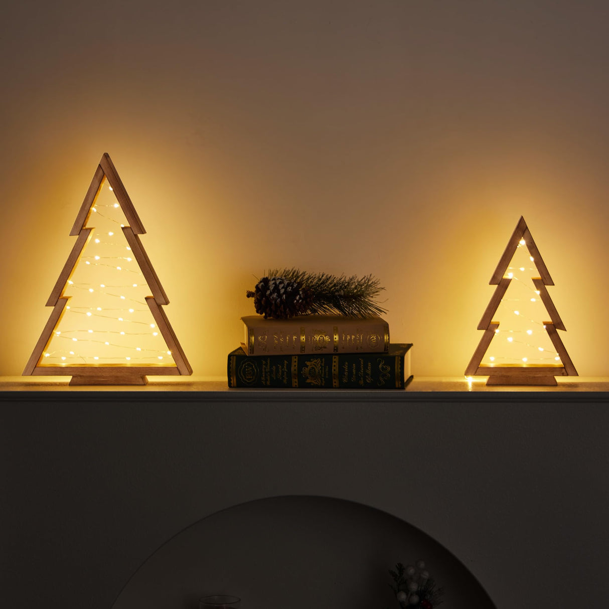 SOONOW Christmas Decorations, Wooden Christmas Tree, Tabletop Christmas Tree with Lights, Small Lighted Christmas Trees Decor for Table Top Mantle Shelf, 2 Pack (Large 14.2" H & Small 10.2" H) SOONOW