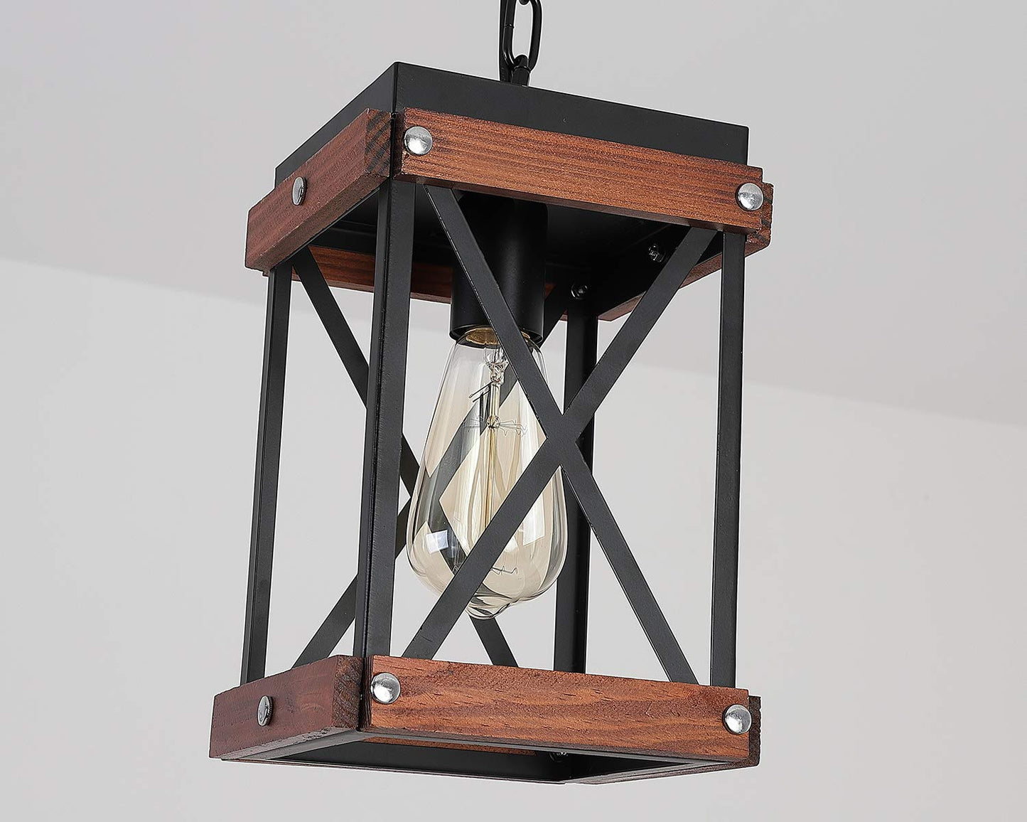 Fivess Lighting Rustic Farmhouse Pendant Light with Wood and Metal Cage, One-Light Adjustable Chains Industrial Mini Pendant Lighting Fixture for Kitchen Island Cafe Bar, Black - WoodArtSupply