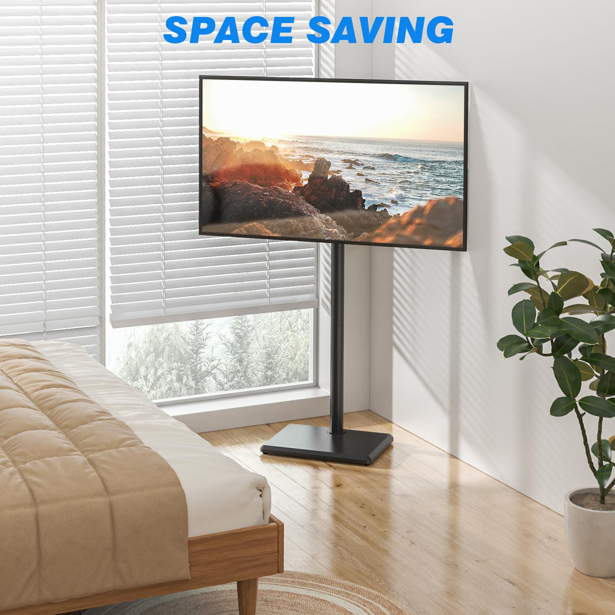 Rfiver Floor TV Stand with Wood Base for 32-60 inch Flat/Curved TVs up to 88 lbs, Swivel Height Adjustable TV Stand with Mount, Max VESA 400x400mm, Saving Space for Corner, Bedroom and Living Room Rfiver