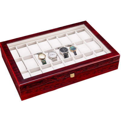 Fosinz 24 Slots Wooden Case Watch Display Box for Men Women Glass Top Collection Box Jewelry Storage Organizer Holder Storage Gifts (16.7" x 11.42" x 3.15", Bright Mahogany Red)