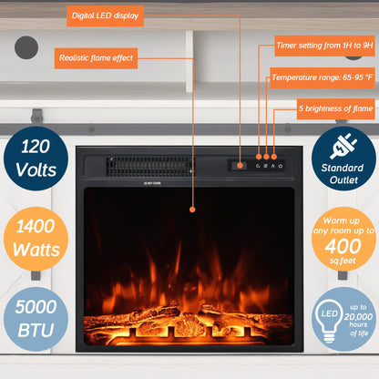 WAMPAT Fireplace TV Stand for TVs Up to 85 Inch, Farmhouse Wood Highboy Electric Fireplace Entertainment Center with Open Storage 2 Heating Mode and 5 Brightness for Living Room, Antique White