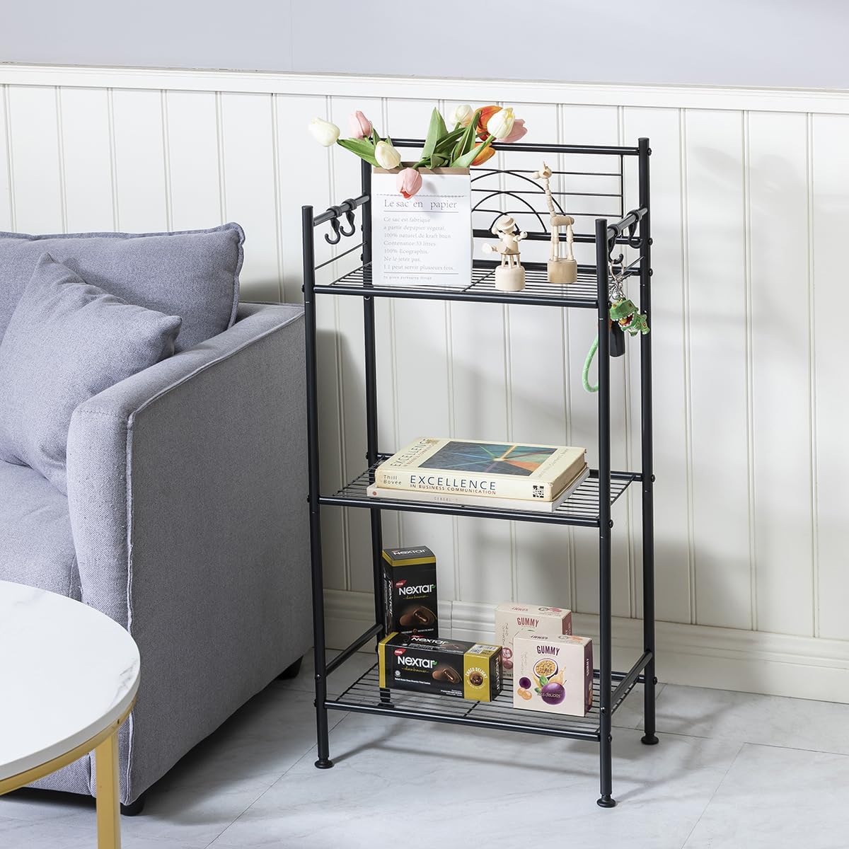 L&H UNICO 3-Tier Free Standing Wire Rack Durable Metal Shelving Storage Unit with Adjustable Feet 4-Hook for Bathroom Laundry Kitchen Office, Black L&H UNICO